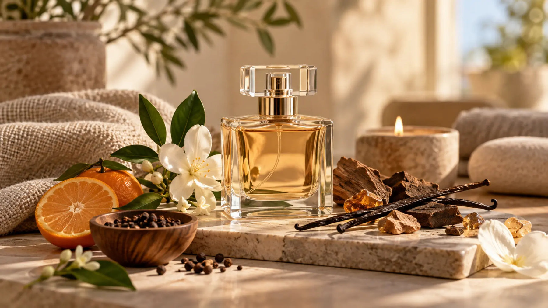 زجاجة عطر بين الأزهار والحمضيات في ضوء دافئ